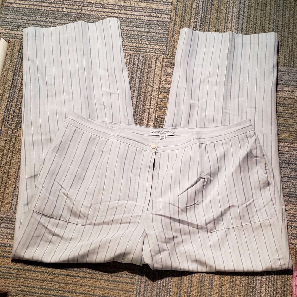 David Brooks Women Linen Lined White With Blue Stripes Slacks